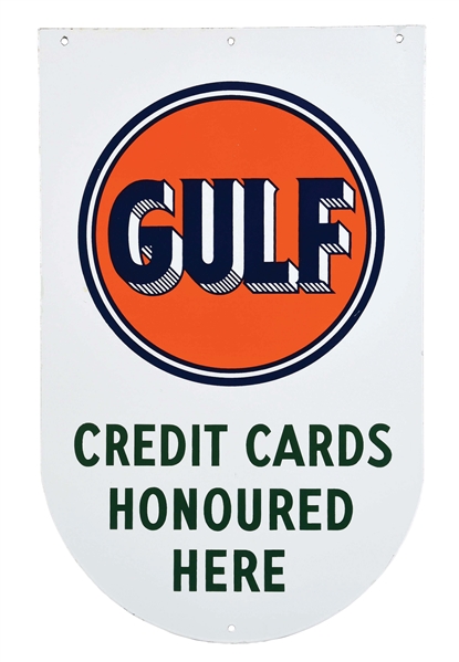 RARE & OUTSTANDING GULF CREDIT CARDS HONORED HERE PORCELAIN SIGN.