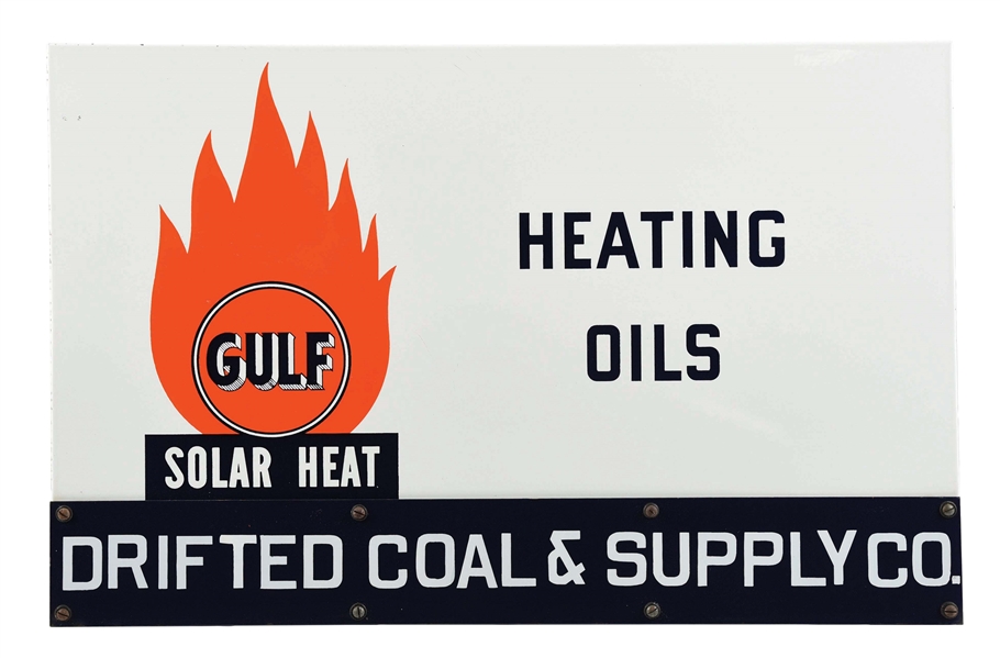N.O.S GULF SOLAR HEAT HEATING OILS PORCELAIN SERVICE STATION SIGN W/ DRIFTED COAL & SUPPLY CO. PORCELAIN ATTACHMENT SIGN.
