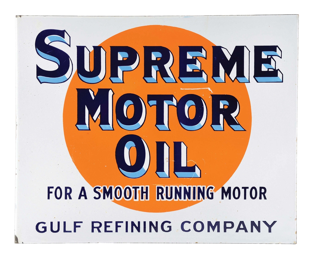 OUTSTANDING GULF SUPREME MOTOR OIL PORCELAIN SERVICE STATION FLANGE SIGN.