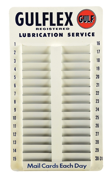 N.O.S. GULF GULFLEX LUBRICATION SERVICE STATION POSTCARD MAILER TIN DISPLAY. 