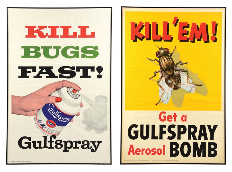 COLLECTION OF TWO: GULFSPRAY AEROSOL BOMB N.O.S. SERVICE STATION FRAMED POSTERS.