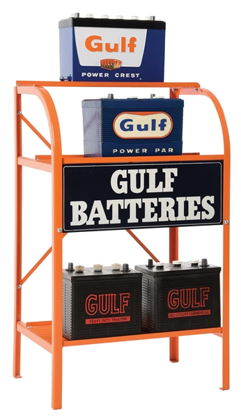 GULF BATTERIES SERVICE STATION DISPLAY RACK W/ FOUR GULF BATTERIES.