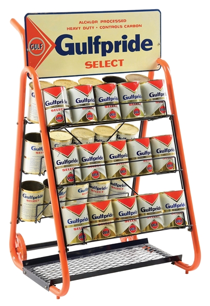 GULFPRIDE SELECT SERVICE STATION QUART CAN DISPLAY RACK W/ THIRTY ONE QUART CANS.