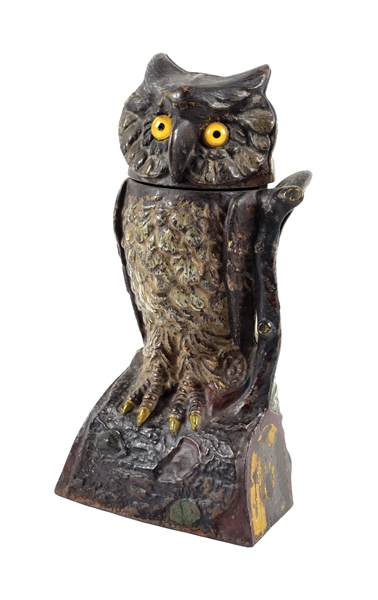 OWL TURNS HEAD CAST IRON MECHANICAL BANK.