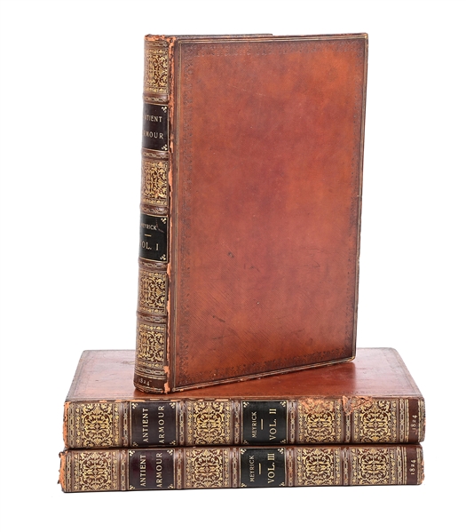 IMPORTANT 1824 LEATHER BOUND THREE VOLUME FIRST EDITION SET OF MEYRICKS "A CRITICAL INQUIRY INTI ANTIENT ARMOUR".