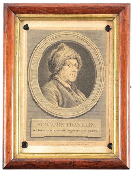1777 DATED ENGRAVING OF BENJAMIN FRANKLIN AFFIXED BY FOUR [SONS OF] LIBERTY TREE SEALS.
