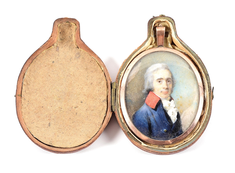 RARE AND IMPORTANT GOLD MOUNTED PORTRAIT MINIATURE OF REVOLUTIONARY WAR GENERAL JOHN CADWALADER WITH HIS HAIR IN A MOROCCAN LEATHER CASE.