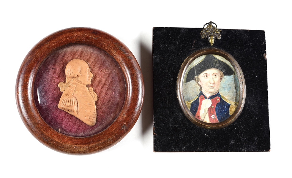 LOT OF 2: CIRCA 1780 WAX BUST OF LORD HOWE AND PORTRAIT MINIATURE ON IVORY OF CAPTAIN JOHN PAUL JONES.