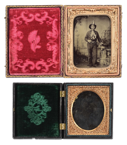 LOT OF 2: CIVIL WAR ERA TINTYPE OF A FIREFIGHTER AND THERMOPLASTIC CASE WITH FIREMAN DESIGN.
