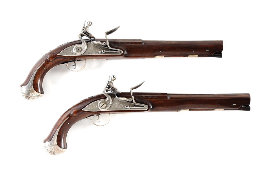 (A) CASED PAIR OF U.S. HISTORICAL SOCIETY COMMEMORATIVE WASHINGTON AND LEE SILVER MOUNTED FLINTLOCK PISTOLS.