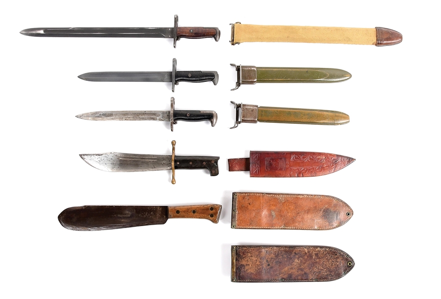 LOT OF 6: US WWI-WWII KNIVES AND BAYONETS. 