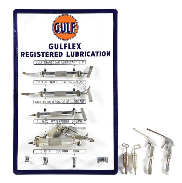 GULFLEX REGISTERED LUBRICATION GREASE GUN RACK W/ 8 BALCRANK GREASE GUNS.