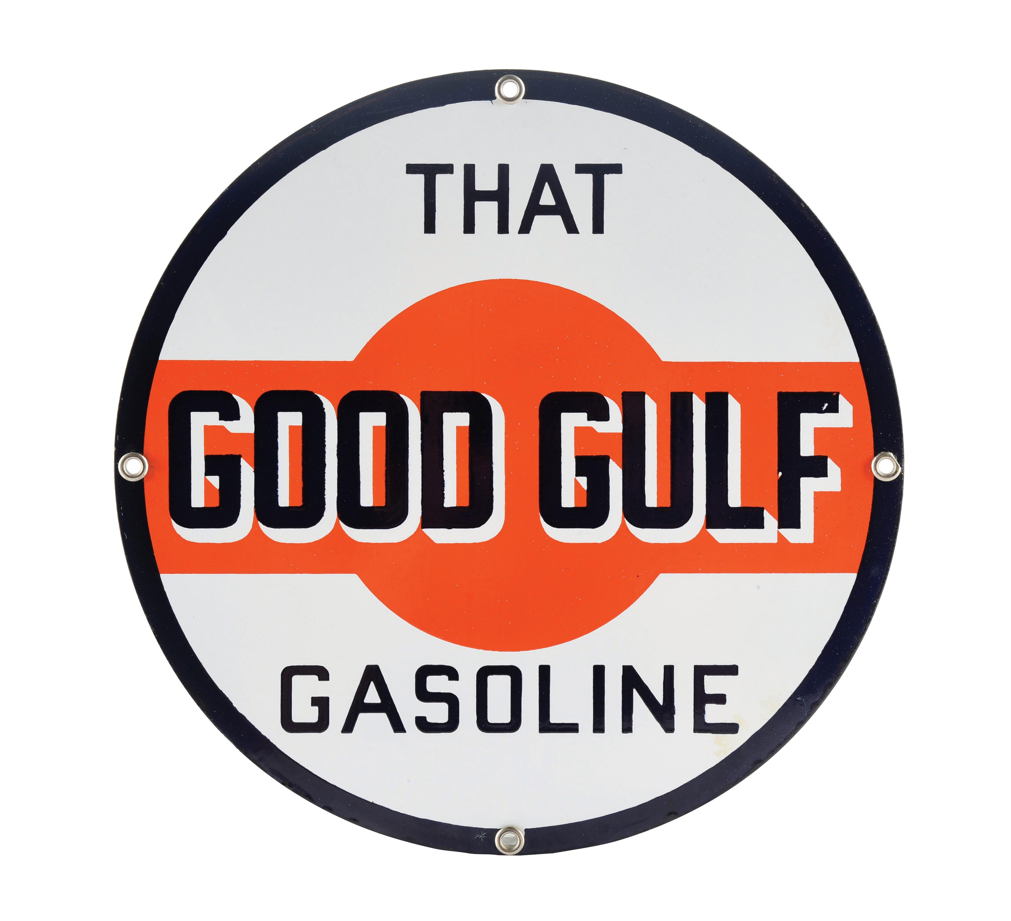 Lot Detail - THAT GOOD GULF GASOLINE NEW OLD STOCK PORCELAIN PUMP PLATE ...