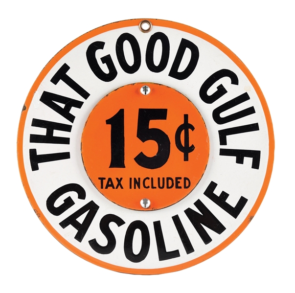 THAT GOOD GULF GASOLINE PORCELAIN PUMP PLATE SIGN W/ INTERCHANGEABLE PRICER. 