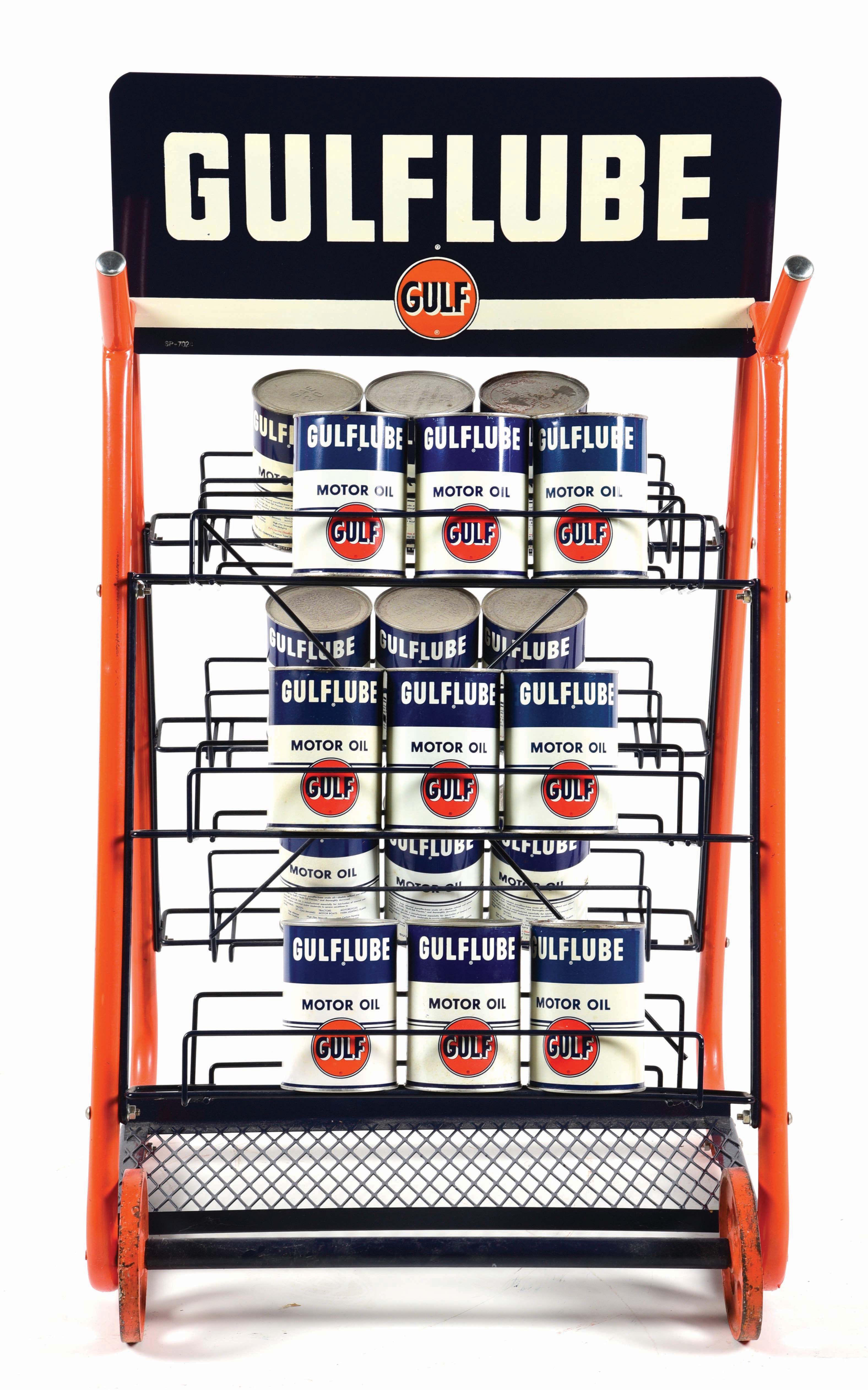 Oil Can Racks Lot Detail - GULFLUBE OIL CAN RACK W/ 18 QUART CANS.