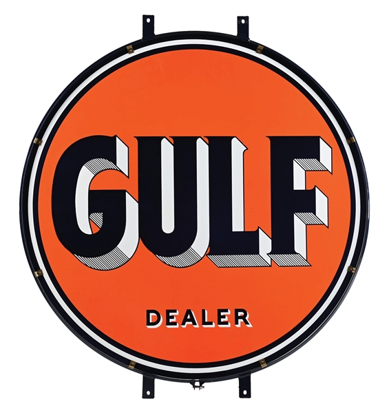 OUTSTANDING GULF DEALER PORCELAIN SERVICE STATION SIGN W/ ORIGINAL RING. 