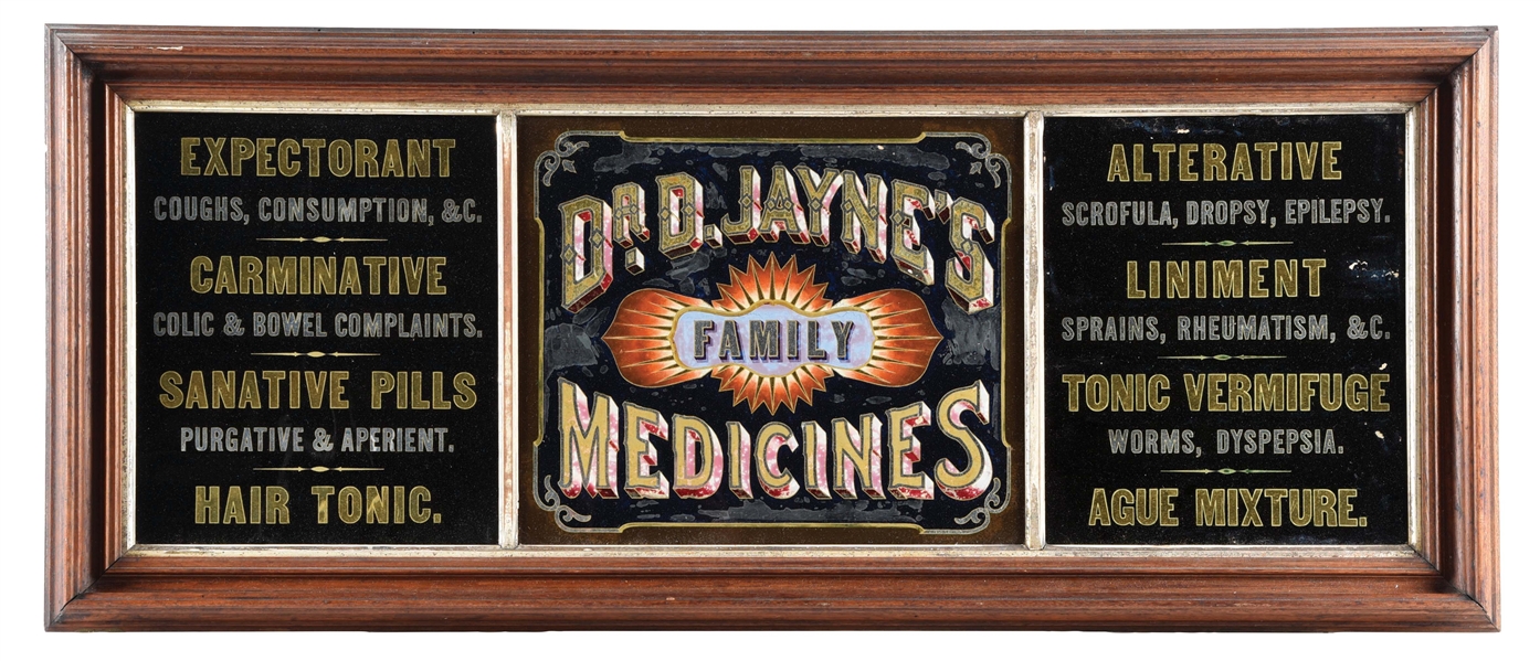 DR. D JAYNES FAMILY MEDICINES REVERSE PAINTED GLASS SIGN.