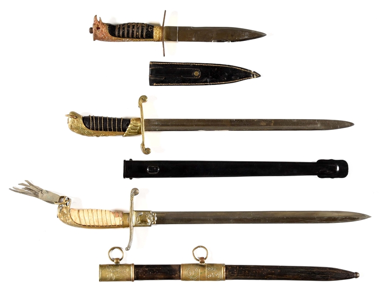 LOT OF 3: 2 ARGENTINIAN NAVAL DIRKS AND SHORTENED SWORD.