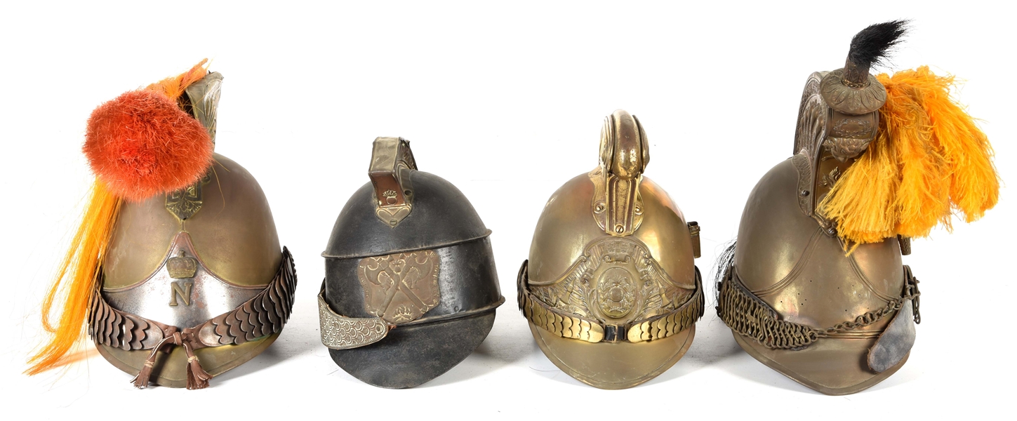 LOT OF 4: FRENCH CUIRASSIER AND FIREMAN HELMETS. 