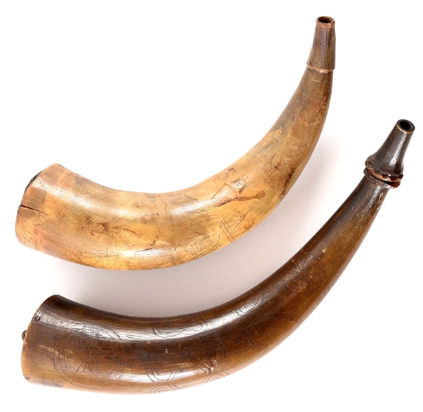 LOT OF 2: ENGRAVED POWDER HORNS, ONE NAVAL HORN IDENTIFIED TO JAMES SUTTON AND DATED 1854.