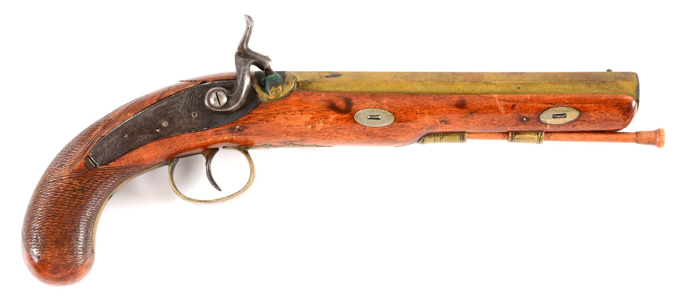 (A) BRASS BARRELED PERCUSSION PISTOL BY HOPKINS.