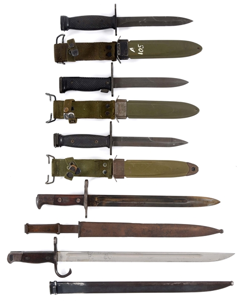 LOT OF 5: 4 AMERICAN BAYONETS WITH SCABBARDS & 1 JAPANESE TYPE 99 ARISAKA BAYONET WITH SCABBARD.