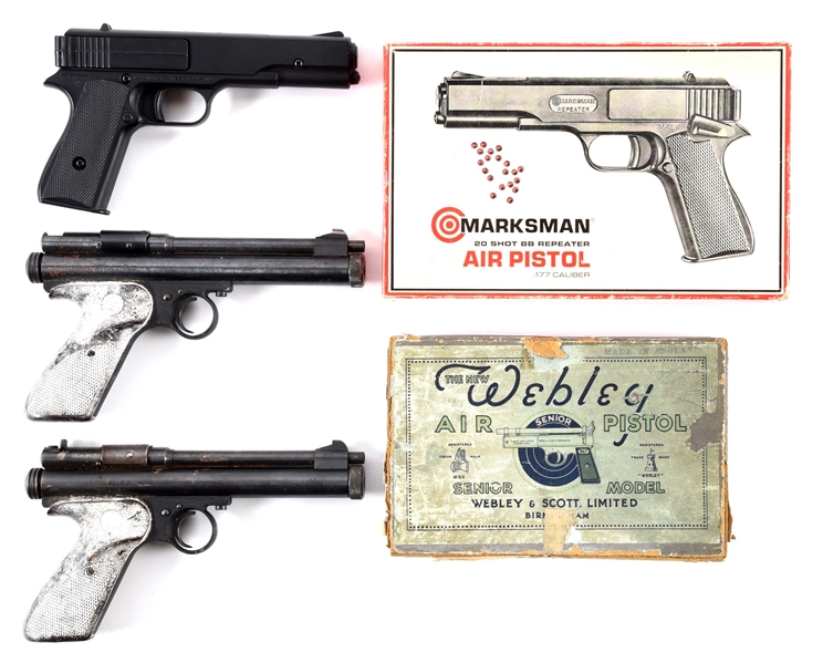 LOT OF 4: 2 CROSSMAN BB GUNS, 1 MARKSMAN BB GUN, & WEBLEY & SCOTT SENIOR MODEL BB GUN BOX.