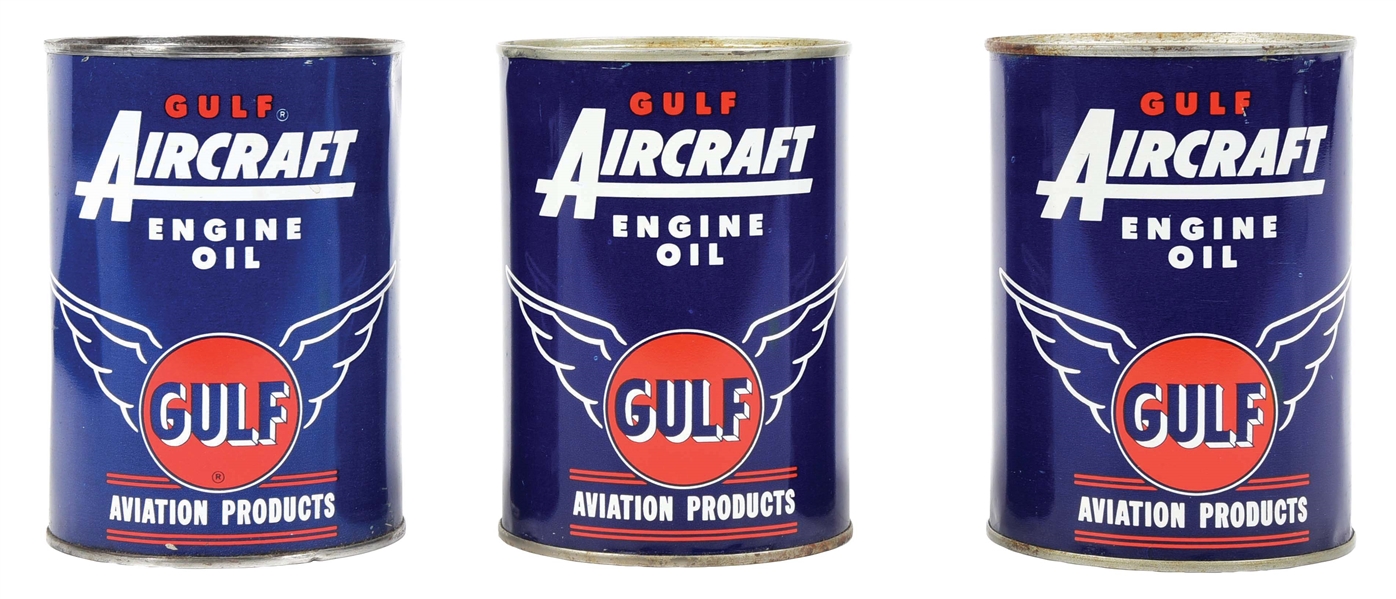 COLLECTION OF 3: GULF AIRCRAFT ENGINE OIL ONE QUART CAN W/ WINGED DISC GRAPHIC. 