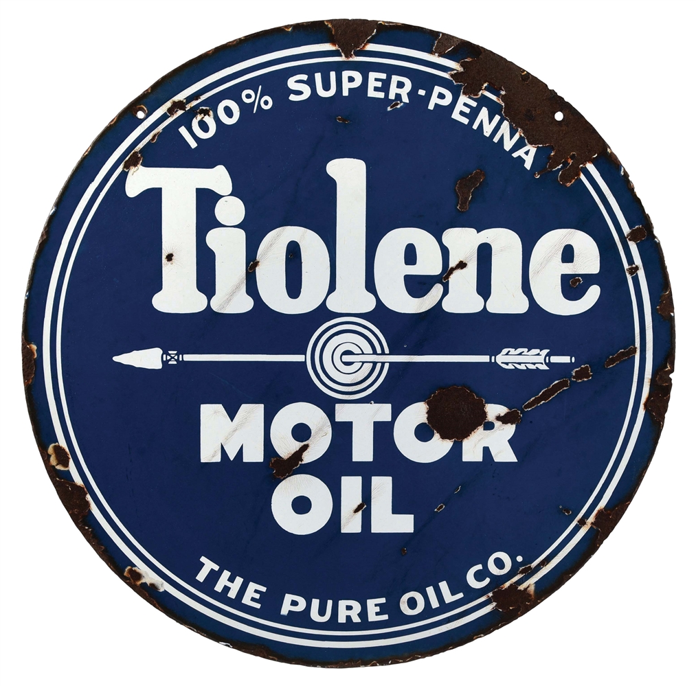 TIOLENE MOTOR OIL PORCELAIN SIGN W/ ARROW & BULLSEYE GRAPHIC. 