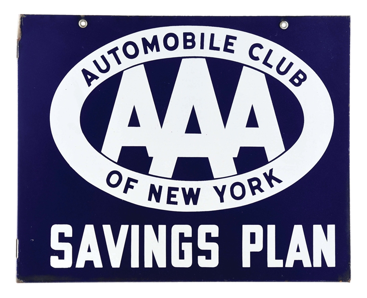 AAA AUTOMOBILE CLUB OF NEW YORK "SAVINGS PLAN" PORCELAIN FLANGE SIGN.