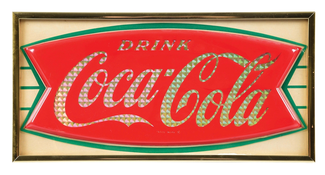 PLASTIC DRINK COCA-COLA RAISED FISHTAIL SIGN W/ NEWLY ADDED FRAME.