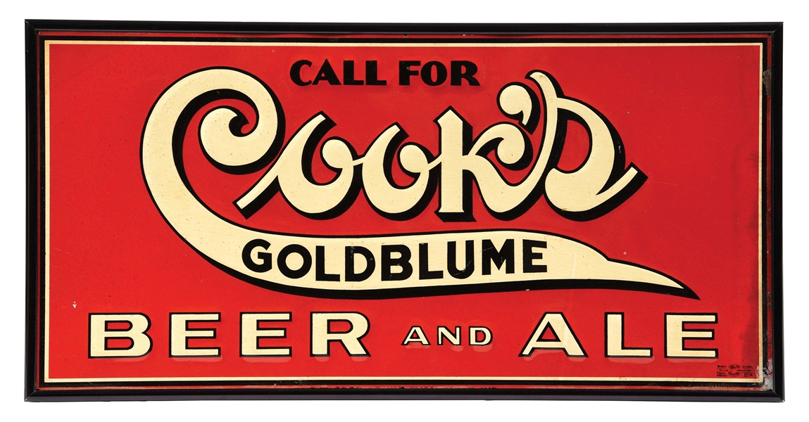 COOKS BEER & ALE EMBOSSED TIN SIGN W/ ADDED FRAME.