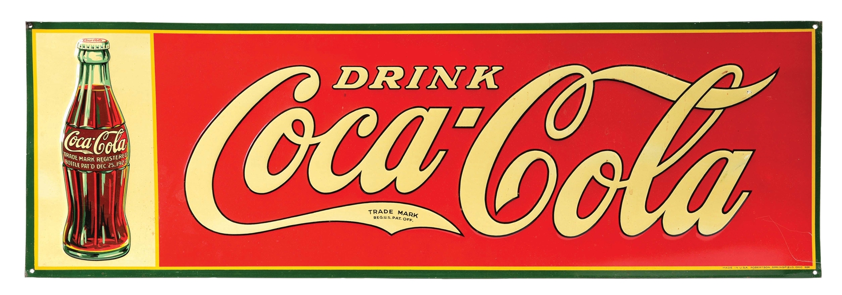 DRINK COCA-COLA EMBOSSED TIN SIGN W/ CHRISTMAS BOTTLE GRAPHIC.