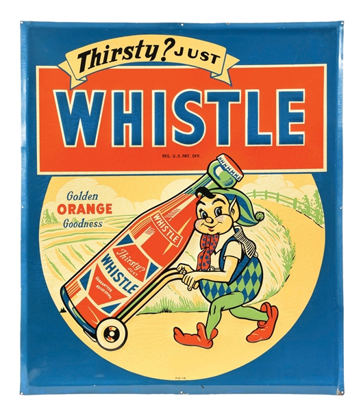 "THIRSTY? JUST WHISTLE" GOLDEN ORANGE GOODNESS SELF-FRAMED EMBOSSED TIN SIGN W/ ELF IN BOTTLE GRAPHIC.