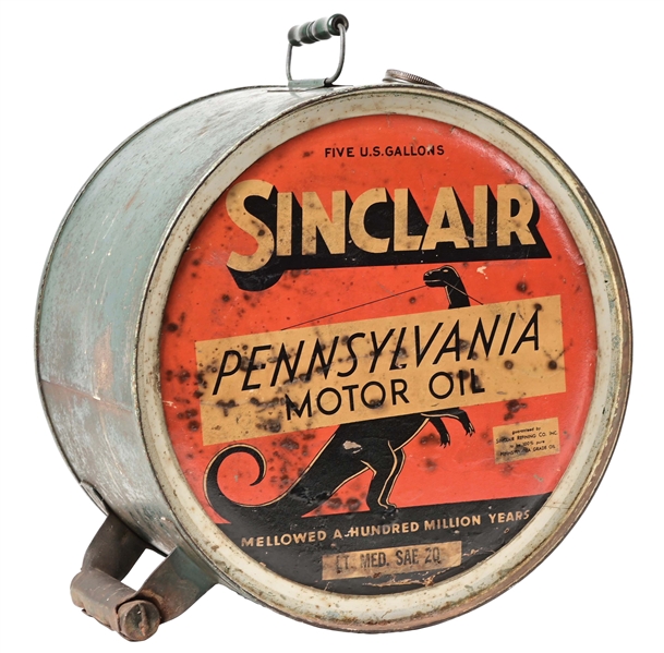 SINCLAIR PENNSYLVANIA MOTOR OIL "STANDING DINO" 5 GALLON ROCKER CAN. 