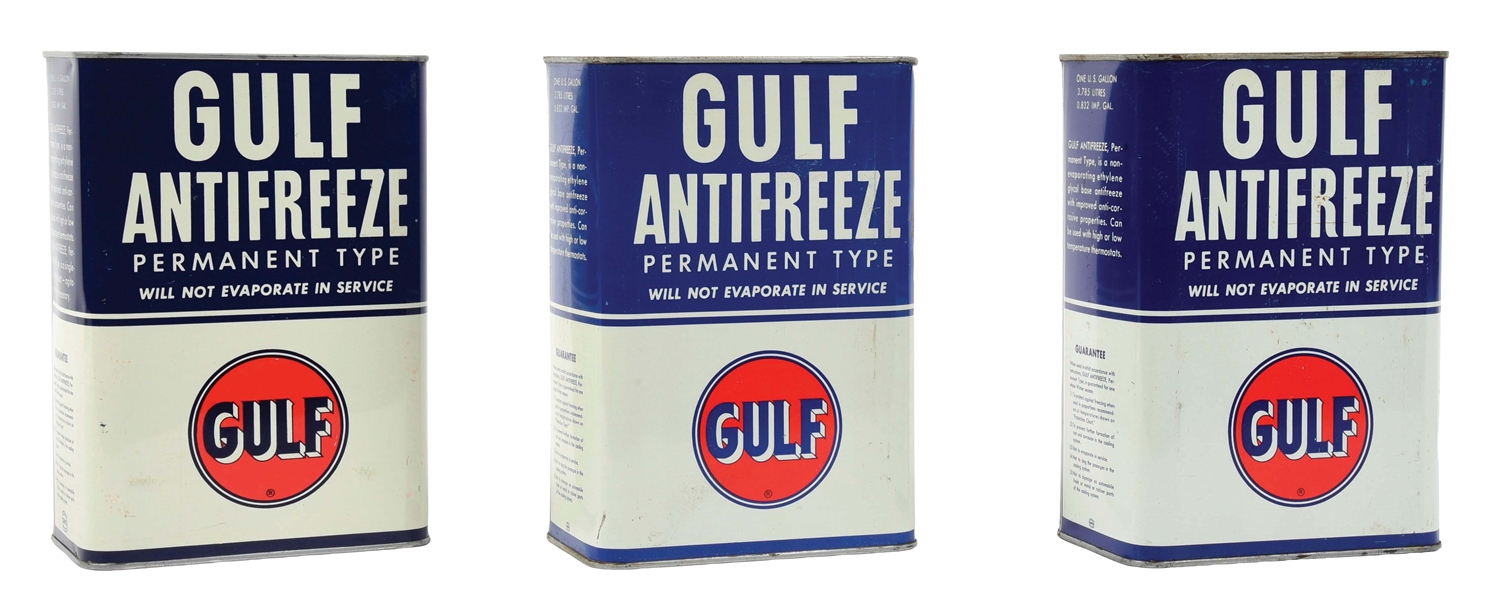 COLLECTION OF 3: GULF ANTIFREEZE SQUARE ONE GALLON CANS W/ GULF DISC GRAPHIC. 