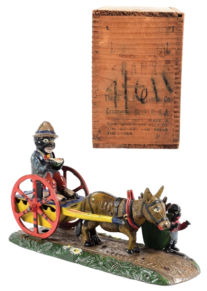 BAD ACCIDENT CAST IRON MECHANICAL BANK W/ WOOD BOX.