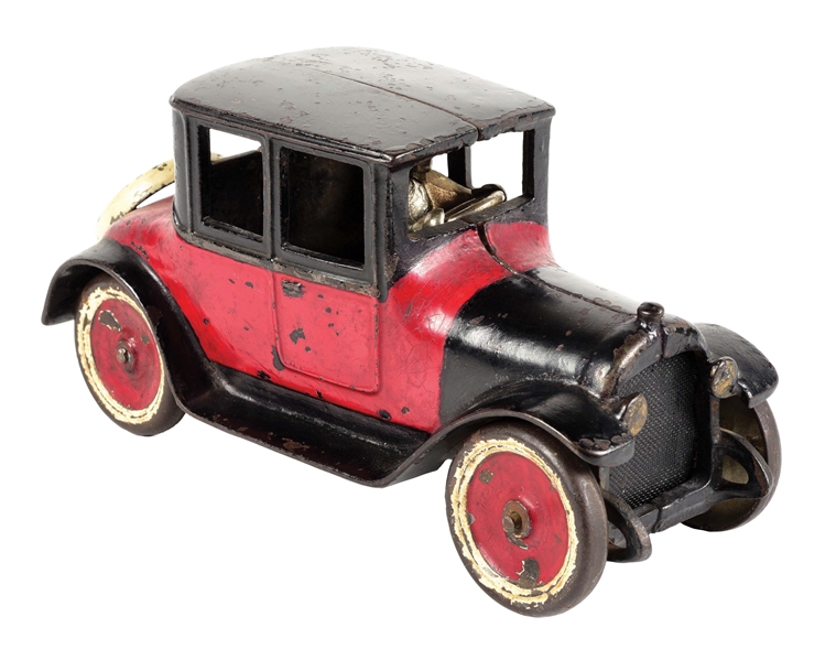 CAST IRON TAXI RED CAB TOY CAR W/ DRIVER.