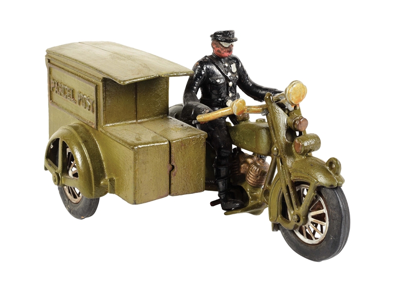 US PARCEL POST CAST IRON ARCADE MOTOCAR & RIDER.