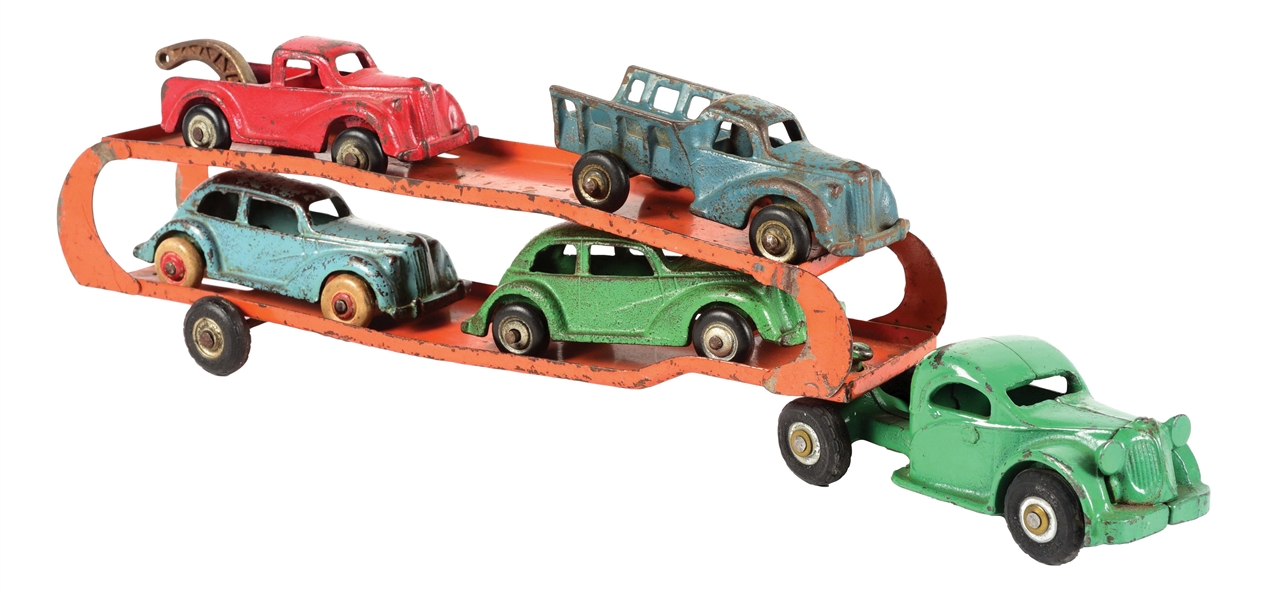 CAST IRON ARCADE TOY CAR HAULER W/ 4 CARS.