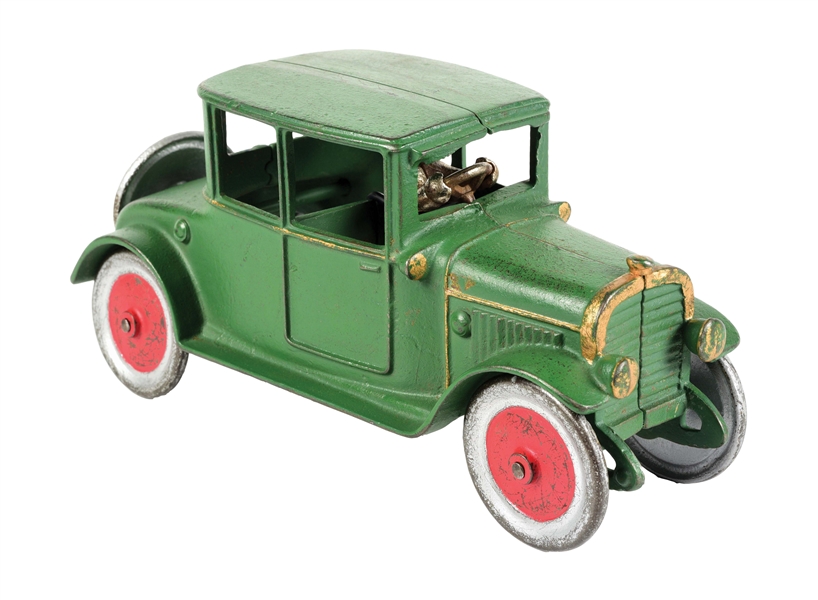 CAST IRON ARCADE TOY CHEVY COUPE WITH DRIVER.