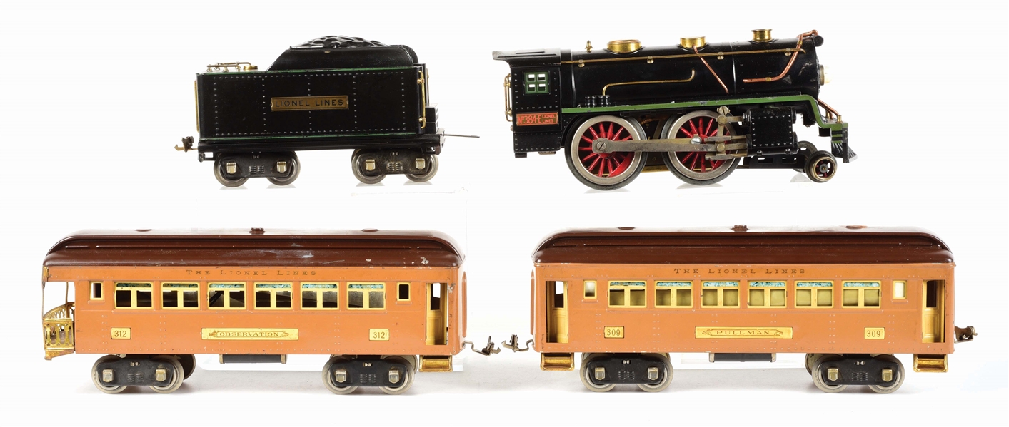 NO. 384-E LIONEL LINES ENGINE AND TRAIN CARS.