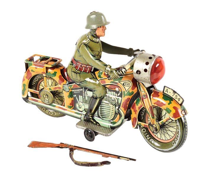 GERMAN TIN LITHO WIND-UP ARNOLD SOLDIER MOTORCYCLE TOY.