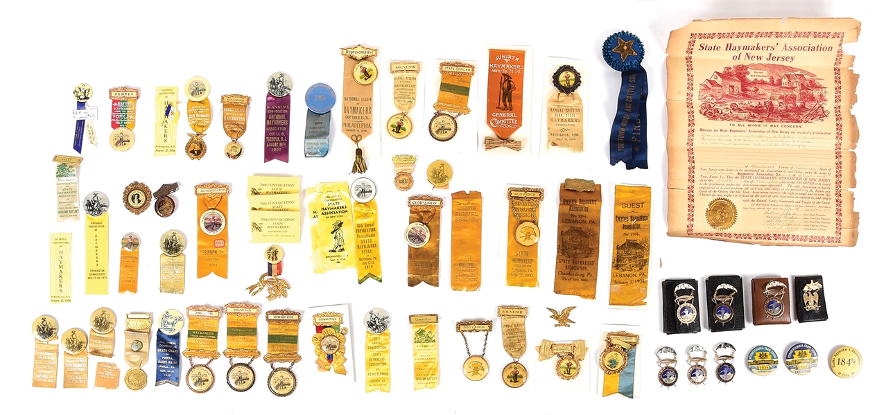 LARGE LOT OF NATIONAL HAYMAKERS ASSOCIATION RIBBONS AND BUTTONS.