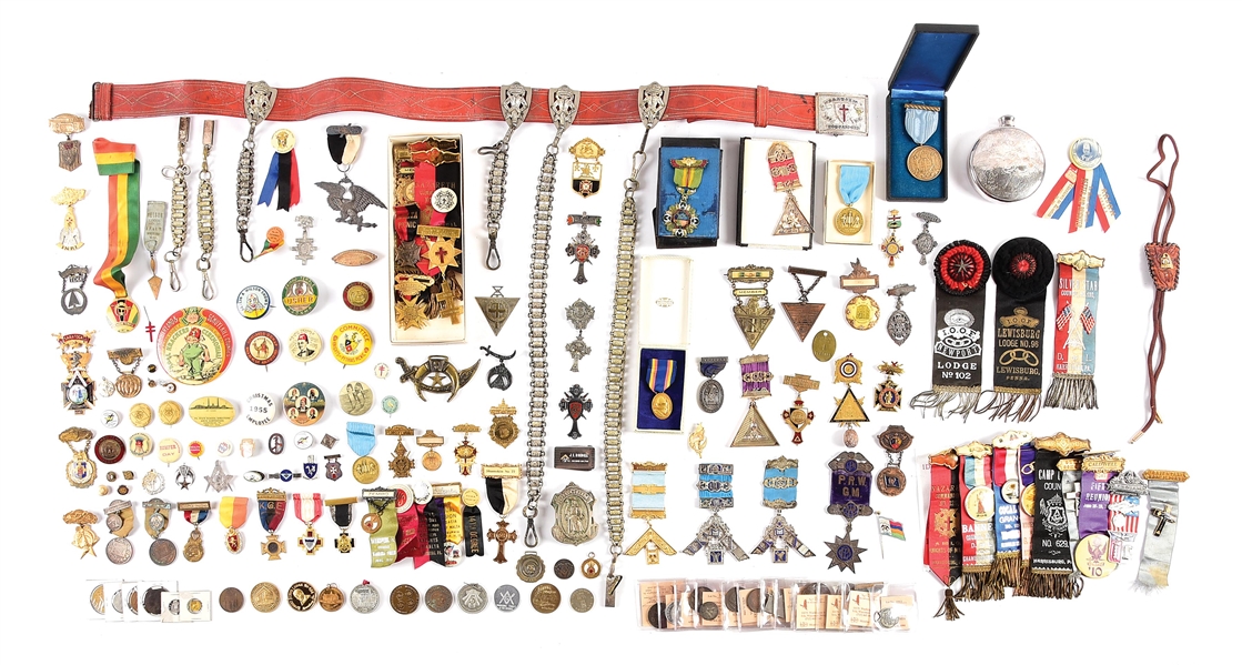 LARGE LOT OF FRATERNAL MEDALS, RIBBONS, AND OTHER MEMORABILIA.