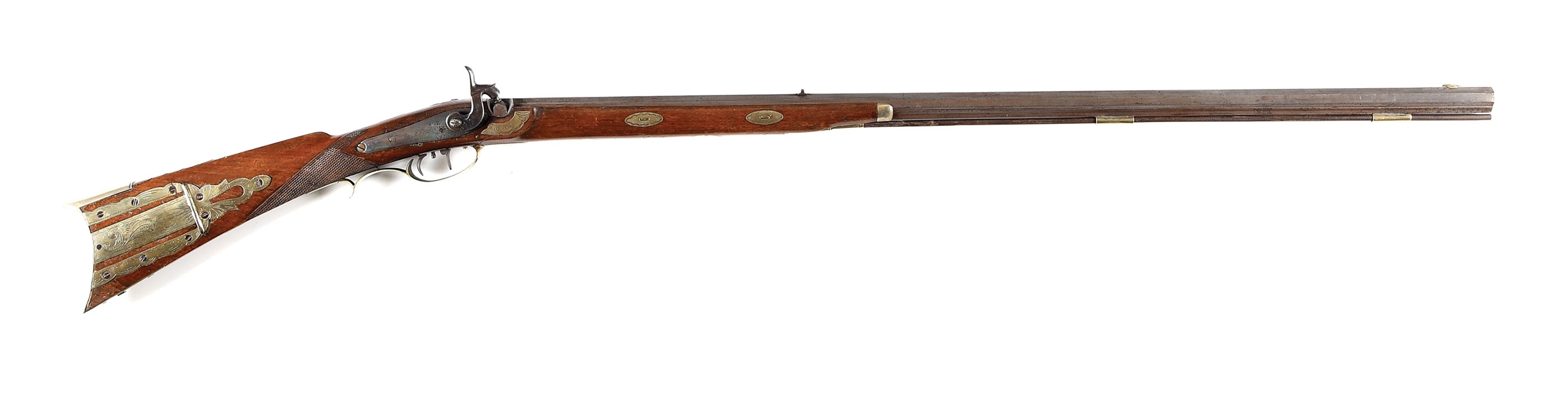 (A) SILVER MOUNTED GIBBS PERCUSSION HALF STOCK RIFLE.