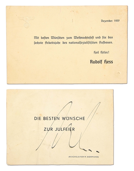 LOT OF 2: SIGNED MARTIN BORMANN CARD AND RUDOLF HESS GREETING CARD CAPTURED BY 101ST AIRBORNE DIVISION VETERAN.