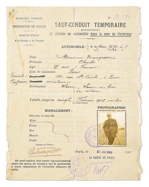 FRENCH WWI 1918 DATED PASS OF LEGENDARY FRENCH ACE CHARLES NUNGESSER.