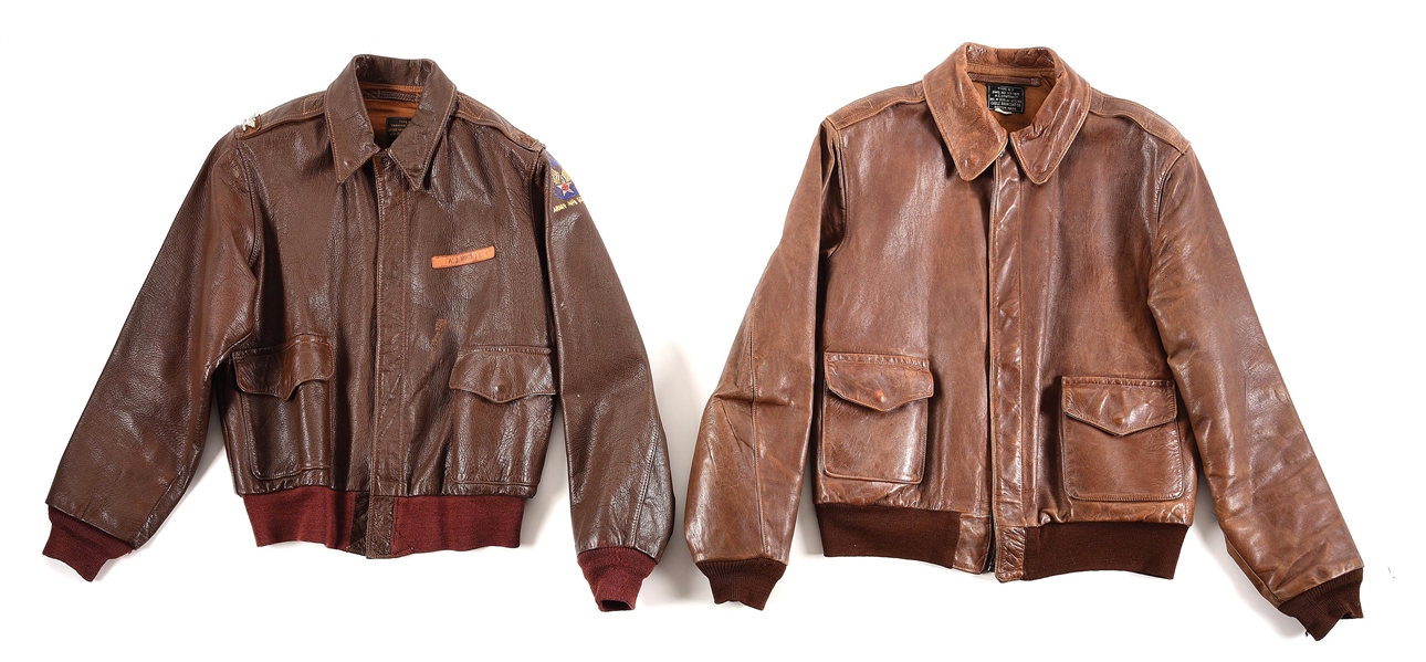 LOT OF 2: NAMED US WWII TYPE A-2 LEATHER FLIGHT JACKETS.