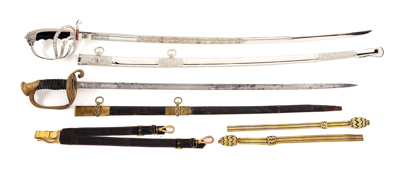 LOT OF 3: PRESENTATION GRADE M1902 DRESS SWORD, US REVENUE CUTTER SERVICE SWORD, AND CASE WITH ARMY SABER STRAP AND SWORD KNOTS.